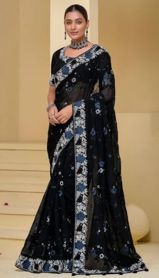 Black Tissue Organza Saree with Floral Embroidery and Contrast Blouse