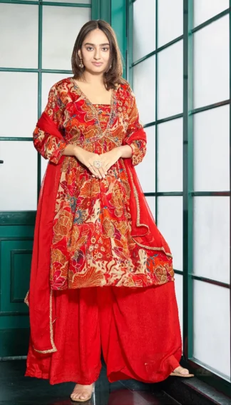 Red Printed Alia Cut Sharara Suit