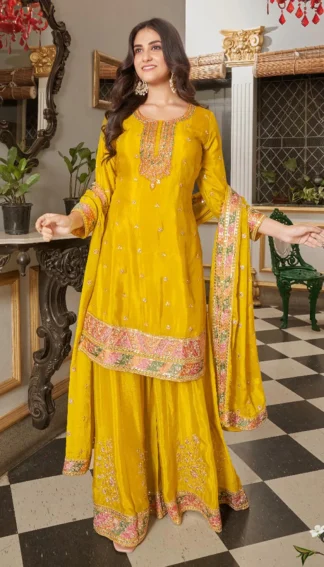 Yellow Embroidered Chinon Sharara Suit