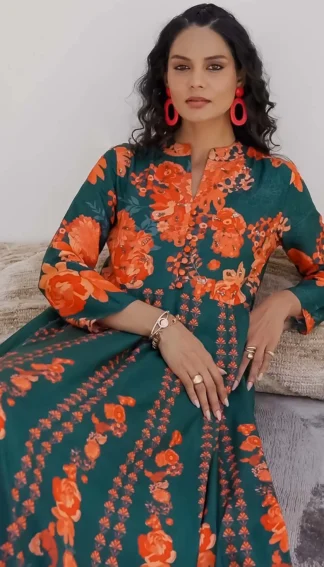 Deep Green and Orange Floral Maxi Dress