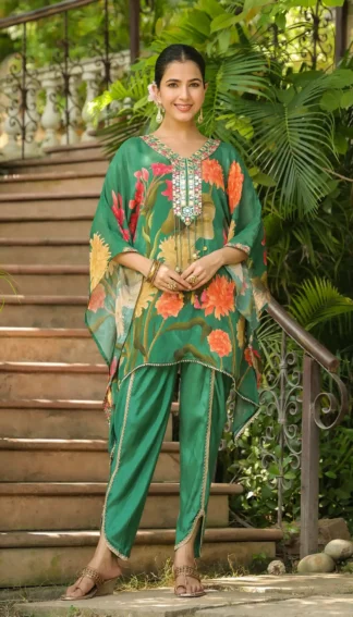Italian Silk Kaftan Set With Green Floral Prints