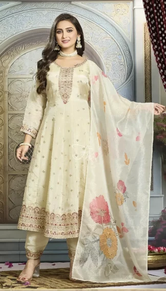 Elegant Cream Tissue Organza Kali-Cut Suit Set