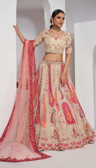 Cream Embroidered Unstitched Lehenga with Net Dupatta