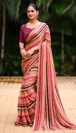 Multicolor Striped Saree with Contrast Blouse