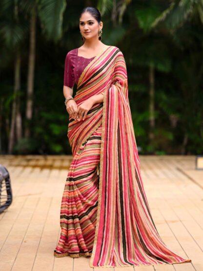 Multicolor Striped Saree with Contrast Blouse