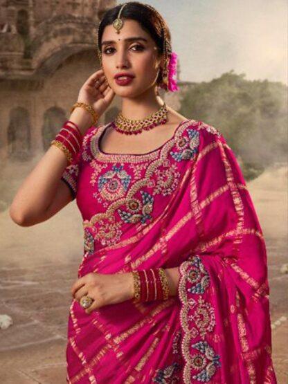 Designer Rani Pink Silk Saree with Heavy Embroidery & Zari Border