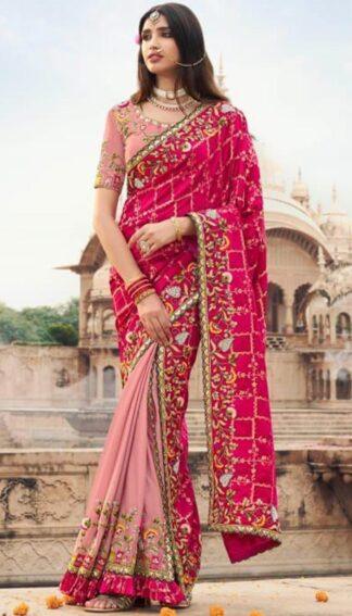 Designer Rani Pink & Peach Half-Half Embroidered Silk Saree with Blouse