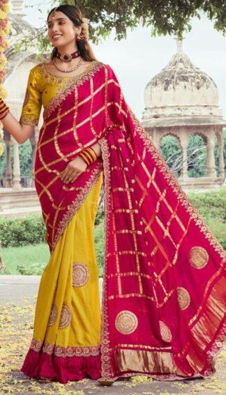 Designer Rani & Yellow Half-Half Saree with Embroidery