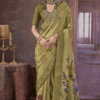 olive green Chinon silk saree with floral digital print and rich woven border, styled with traditional jewelry, perfect for festive and wedding occasions.