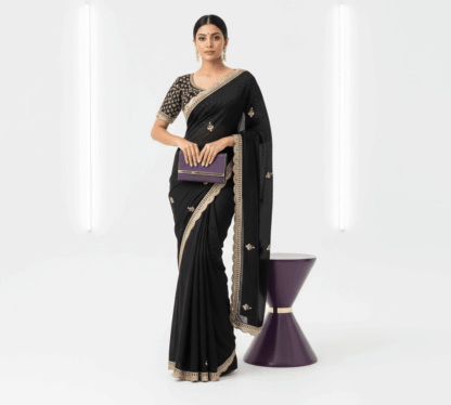 Black saree with embroidered border and small embroidered motifs with stiched heavy blouse.