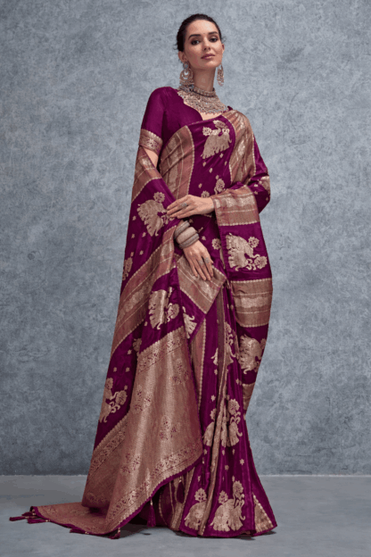 magenta and gold saree