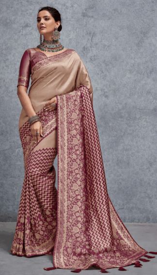 Elegant beige and wine color Banarasi silk saree with intricate zari floral border and zigzag woven pattern, paired with a wine blouse, perfect for wedding, festive and traditional