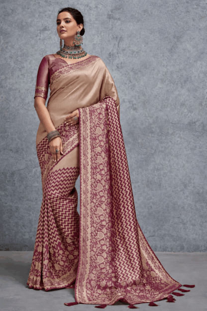 Elegant beige and wine color Banarasi silk saree with intricate zari floral border and zigzag woven pattern, paired with a wine blouse, perfect for wedding, festive and traditional