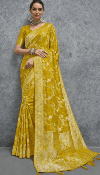 Elegant mustard yellow Banarasi silk saree with intricate floral zari weaving and rich traditional border, perfect for wedding, festive and party wear occasions.