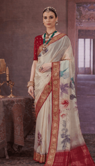 Woman wearing an off-white silk saree with rich red and gold zari border and pastel floral prints, paired with a red blouse and traditional jewellery in a royal indoor setting.
