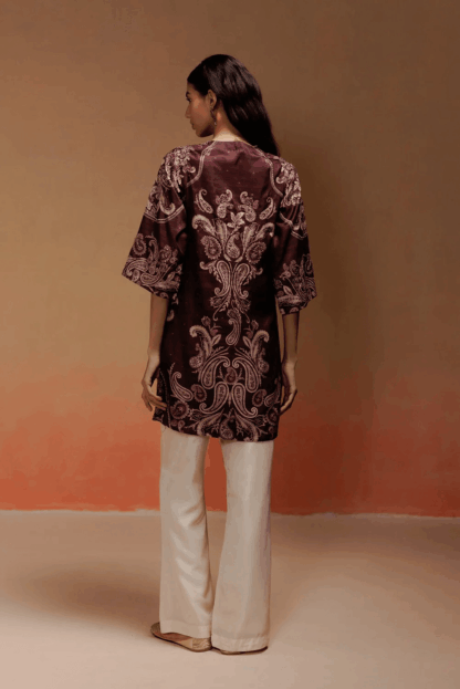 Wine Silk Printed Kurta Pant Set