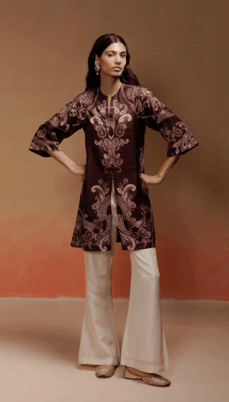 Wine Silk Printed Kurta Pant Set