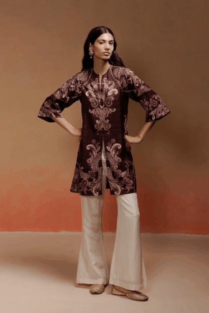 Wine Silk Printed Kurta Pant Set