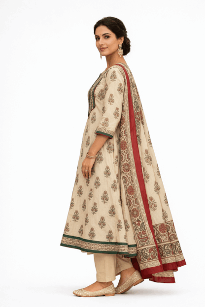 Beige Floral Cotton Kurta Dupatta Set