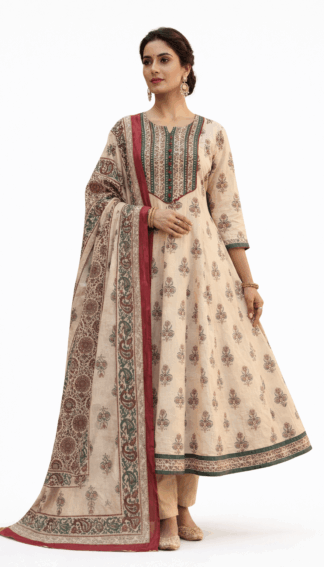 Beige Floral Cotton Kurta Dupatta Set