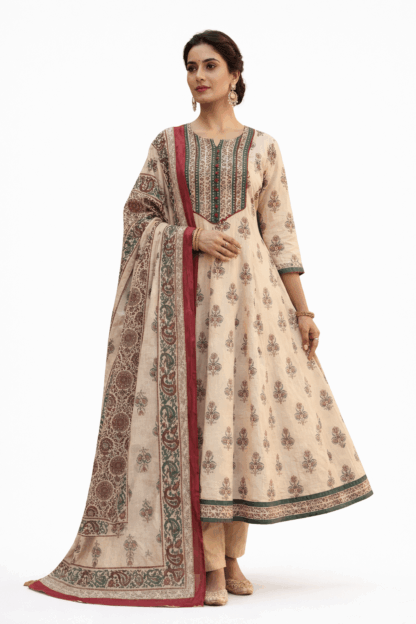 Beige Floral Cotton Kurta Dupatta Set