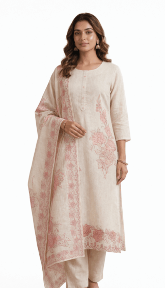 Classic Beige & Pink Printed Cotton Suit Set