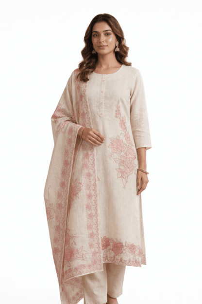 Classic Beige & Pink Printed Cotton Suit Set