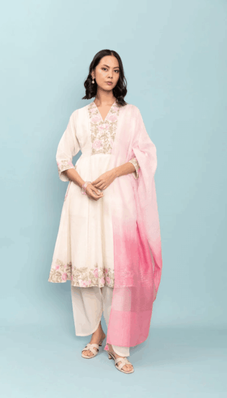 Pink Linen Kurta Set with Chiffon Dupatta