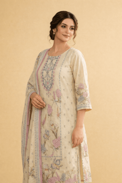 model wearing printed cotton kurta set with dupatta