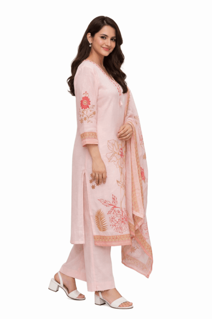 Peach Blossom Printed Cotton Kurta Set with Dupatta