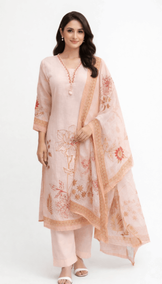 Peach Blossom Printed Cotton Kurta Set with Dupatta