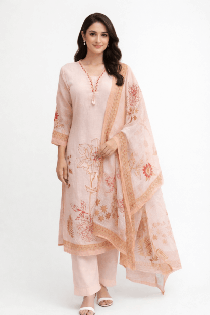 Peach Blossom Printed Cotton Kurta Set with Dupatta