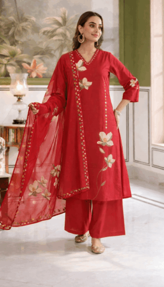 Red Cotton Kurta Pant Set with Dupatta