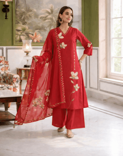 Red Cotton Kurta Pant Set with Dupatta